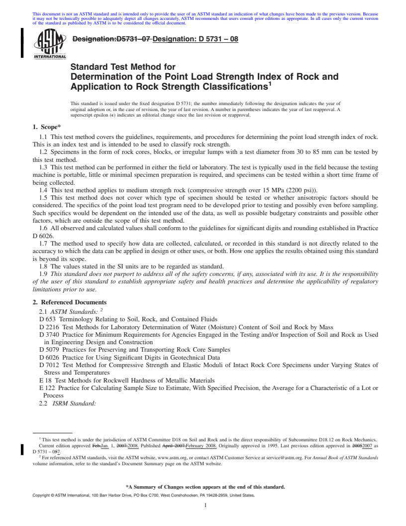 REDLINE ASTM D5731-08 - Standard Test Method for  Determination of the Point Load Strength Index of Rock and Application to Rock Strength Classifications