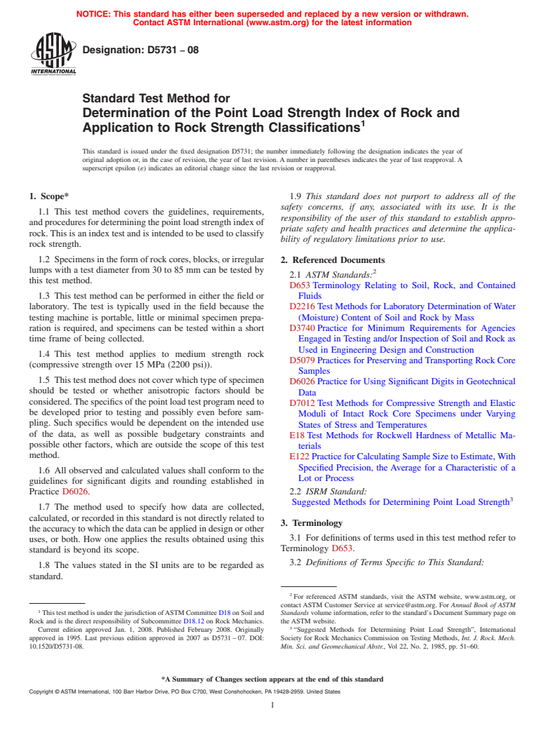 ASTM D5731-08 - Standard Test Method for  Determination of the Point Load Strength Index of Rock and Application to Rock Strength Classifications