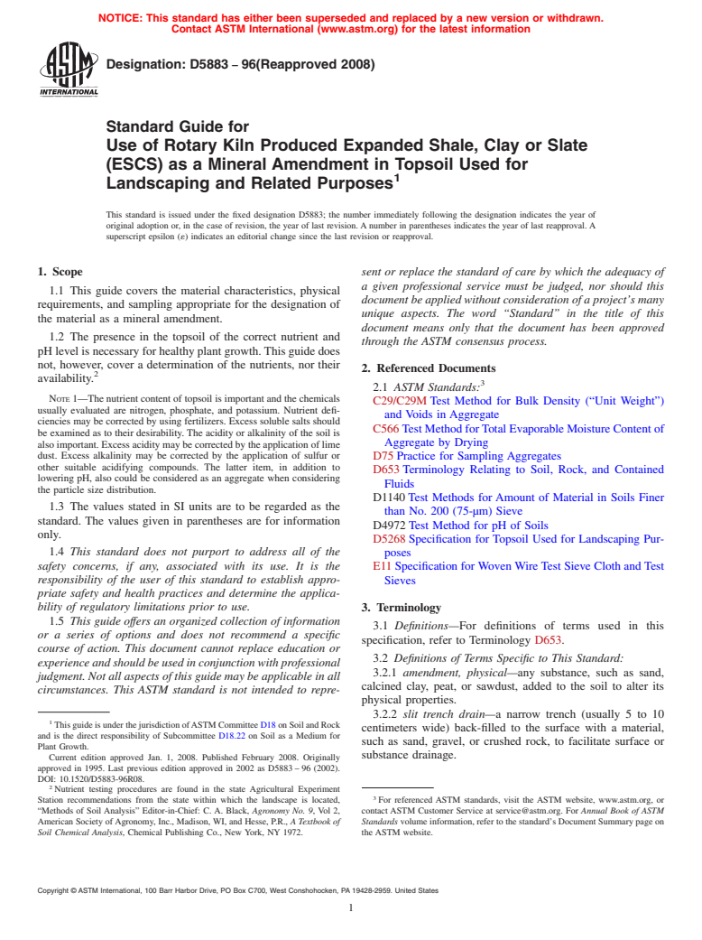 ASTM D5883-96(2008) - Standard Guide for  Use of Rotary Kiln Produced Expanded Shale, Clay or Slate (ESCS) as a Mineral Amendment in Topsoil Used for Landscaping and Related Purposes