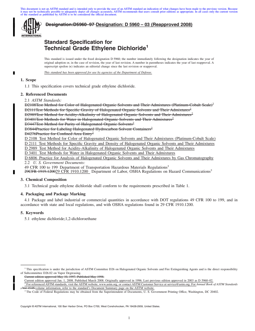 REDLINE ASTM D5960-03(2008) - Standard Specification for  Technical Grade Ethylene Dichloride