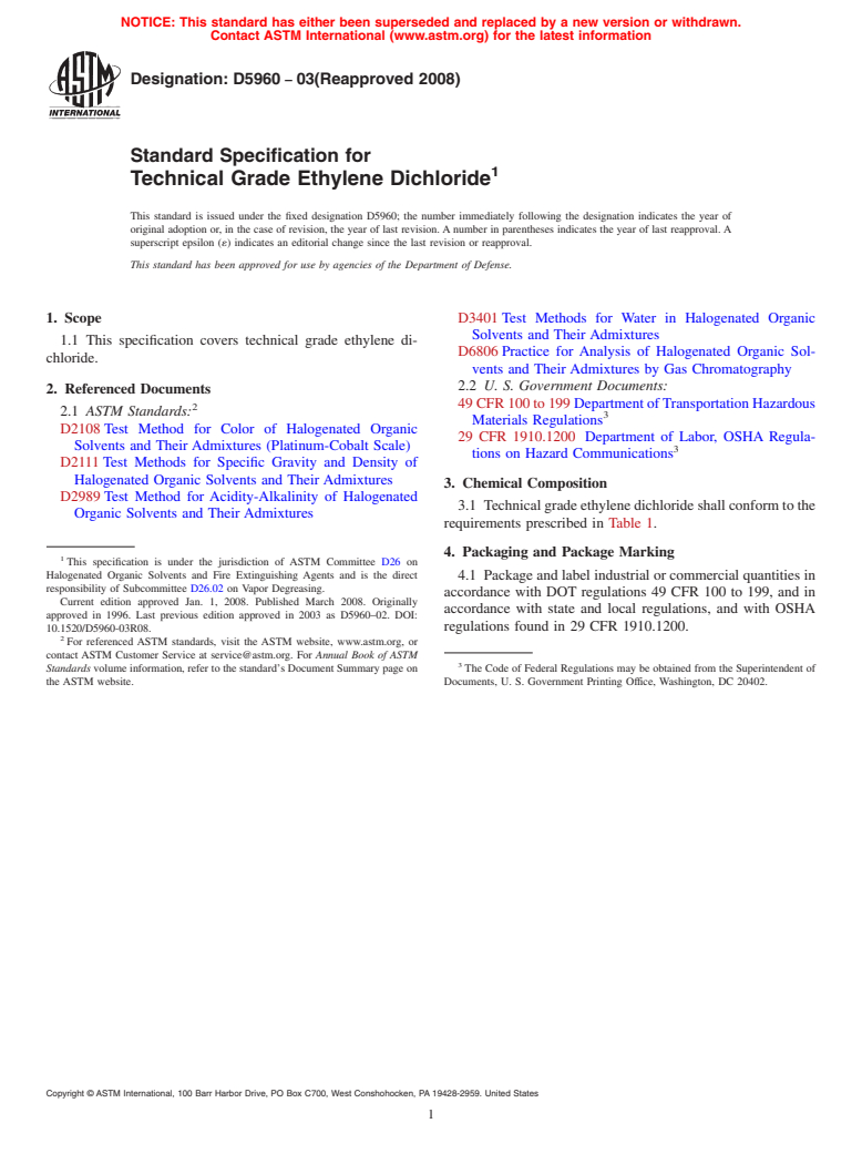 ASTM D5960-03(2008) - Standard Specification for  Technical Grade Ethylene Dichloride