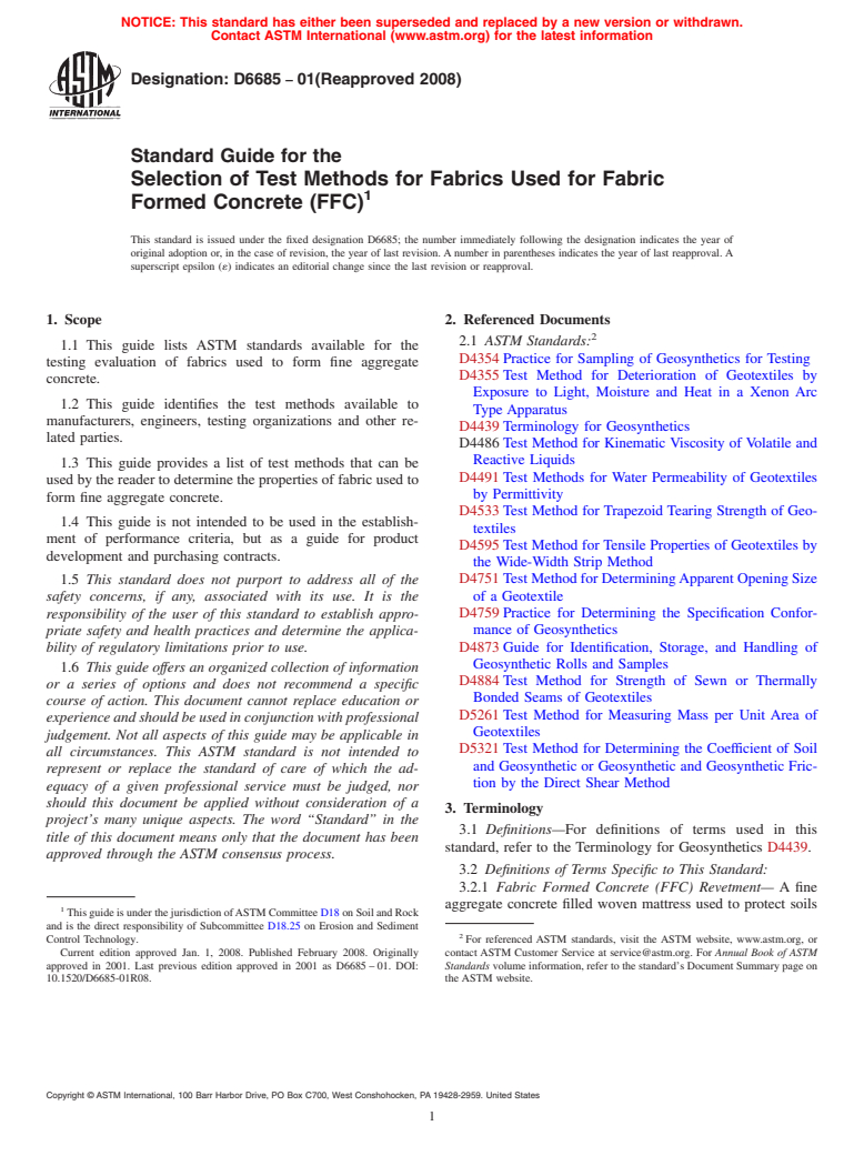 ASTM D6685-01(2008) - Standard Guide for the Selection of Test Methods for Fabrics Used for Fabric Formed Concrete (FFC)