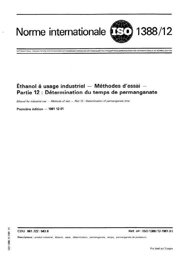 ISO 1388-12:1981 - Éthanol a usage industriel -- Méthodes d'essai