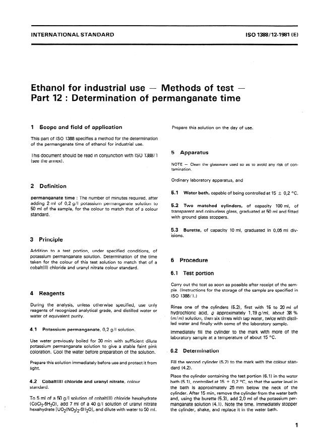 ISO 1388-12:1981 - Ethanol for industrial use -- Methods of test
