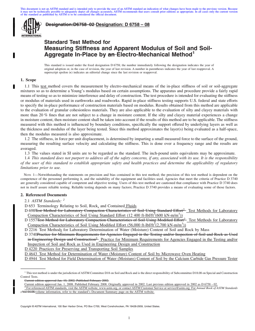 REDLINE ASTM D6758-08 - Standard Test Method for Measuring Stiffness and Apparent Modulus of Soil and Soil-Aggregate In-Place by Electro-Mechanical Method (Withdrawn 2017)