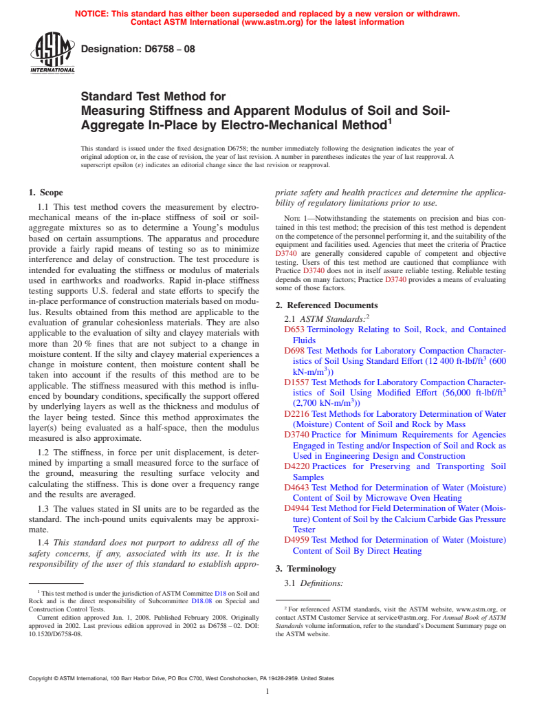 ASTM D6758-08 - Standard Test Method for Measuring Stiffness and Apparent Modulus of Soil and Soil-Aggregate In-Place by Electro-Mechanical Method (Withdrawn 2017)