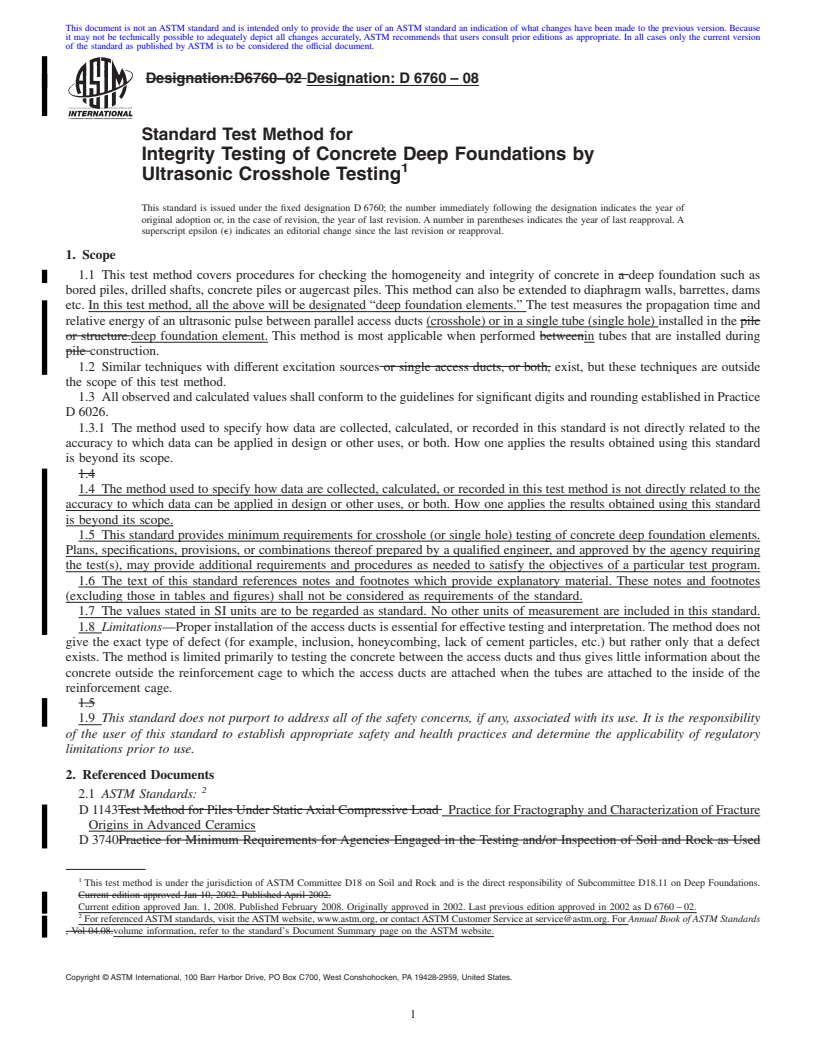 REDLINE ASTM D6760-08 - Standard Test Method for Integrity Testing of Concrete Deep Foundations by Ultrasonic Crosshole Testing