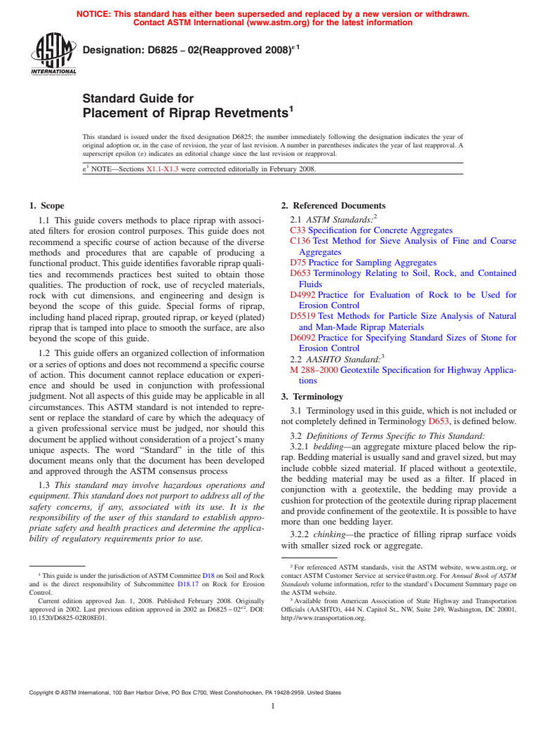 ASTM D6825-02(2008)e1 - Standard Guide for Placement of Riprap Revetments