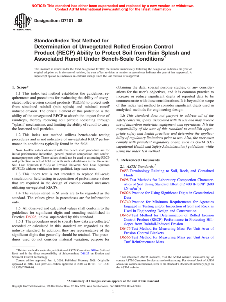 ASTM D7101-08 - Standard Index Test Method for Determination of Unvegetated Rolled Erosion Control Product (RECP)  Ability to Protect Soil from Rain Splash and Associated Runoff Under Bench-Scale  Conditions