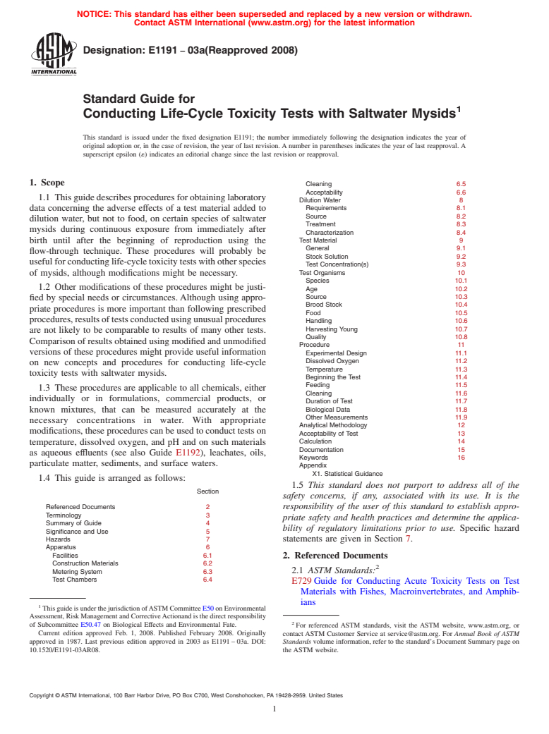 ASTM E1191-03a(2008) - Standard Guide for Conducting Life-Cycle Toxicity Tests with Saltwater Mysids