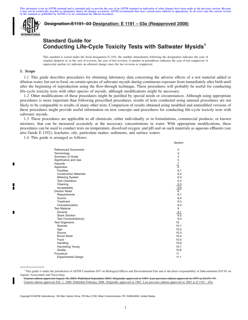 REDLINE ASTM E1191-03a(2008) - Standard Guide for Conducting Life-Cycle Toxicity Tests with Saltwater Mysids