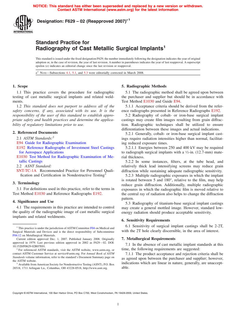 ASTM F629-02(2007)e1 - Standard Practice for  Radiography of Cast Metallic Surgical Implants
