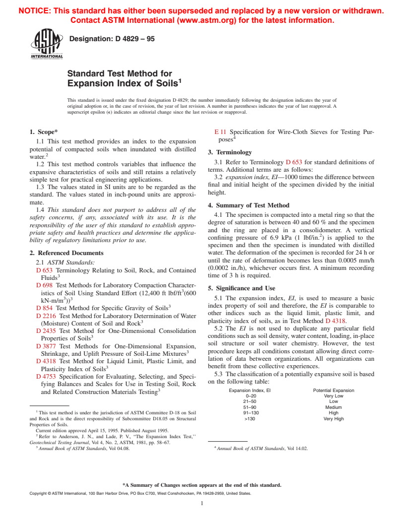 ASTM D4829-95 - Standard Test Method for Expansion Index of Soils