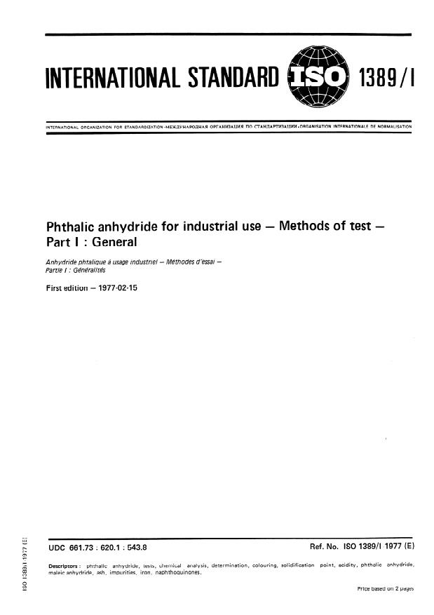 ISO 1389-1:1977 - Phthalic anhydride for industrial use -- Methods of test