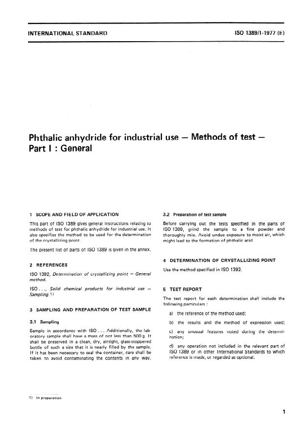 ISO 1389-1:1977 - Phthalic anhydride for industrial use -- Methods of test