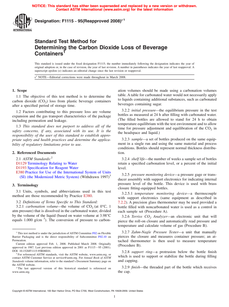 ASTM F1115-95(2008)e1 - Standard Test Method for Determining the Carbon Dioxide Loss of Beverage Containers