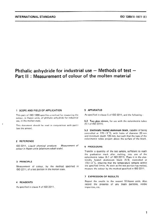 ISO 1389-2:1977 - Phthalic anhydride for industrial use -- Methods of test