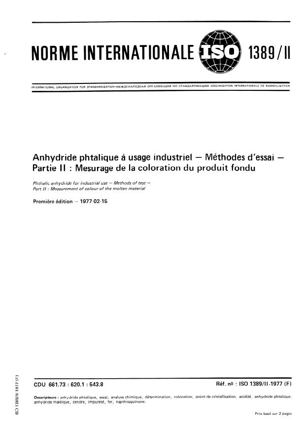ISO 1389-2:1977 - Anhydride phtalique a usage industriel -- Méthodes d'essai