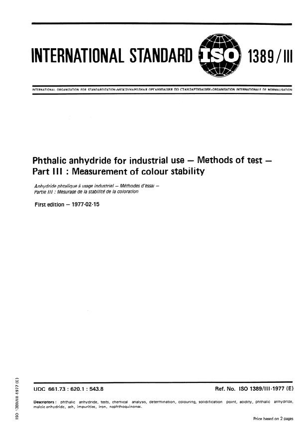 ISO 1389-3:1977 - Phthalic anhydride for industrial use -- Methods of test