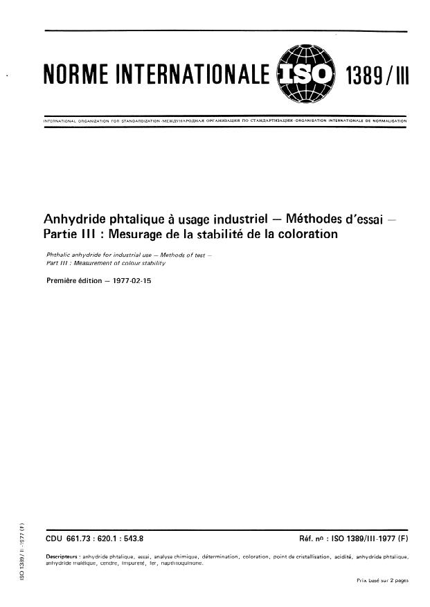 ISO 1389-3:1977 - Anhydride phtalique a usage industriel -- Méthodes d'essai
