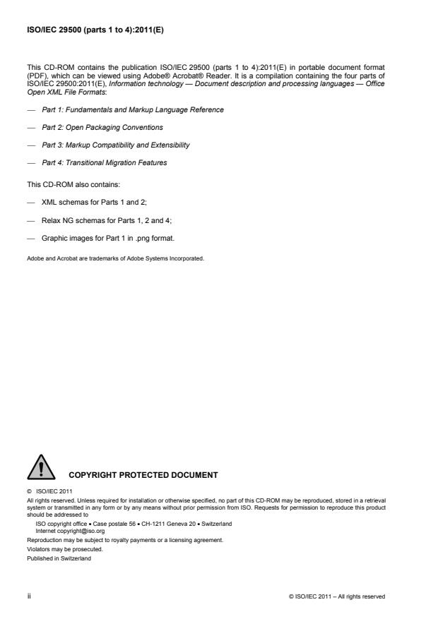 ISO/IEC 29500-1:2011 ISO/IEC 29500-1:2011 - Information technology -- Document description and processing languages -- Office Open XML File Formats - Page 2 preview