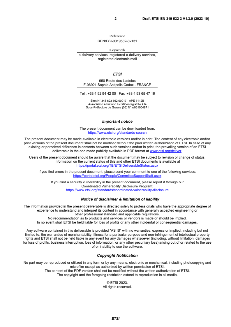 ETSI EN 319 532-3 V1.3.0 (2023-10) - Electronic Signatures and Infrastructures (ESI); Registered Electronic Mail (REM) Services; Part 3: Formats - Page 2 preview