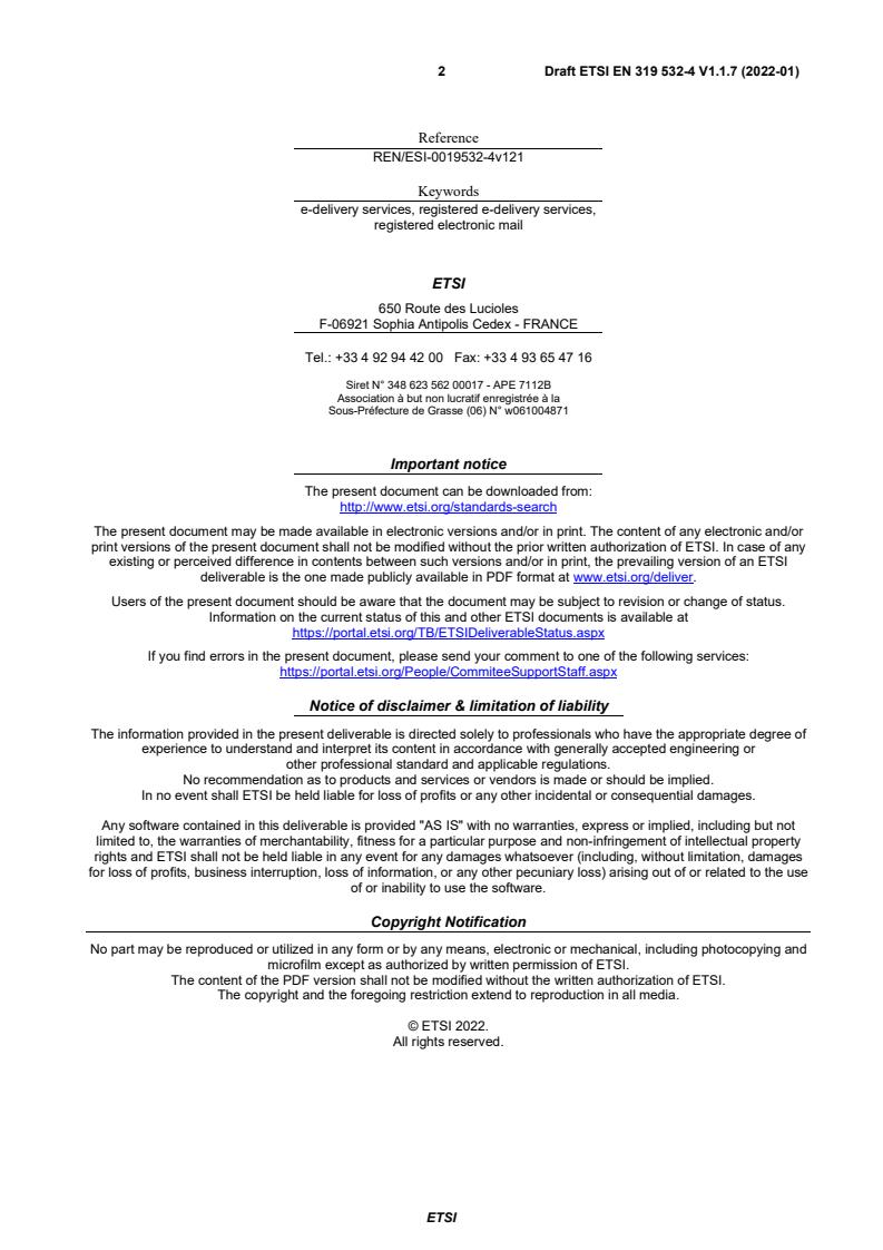 ETSI EN 319 532-4 V1.1.7 (2022-01) - Electronic Signatures and Infrastructures (ESI); Registered Electronic Mail (REM) Services; Part 4: Interoperability profiles - Page 2 preview