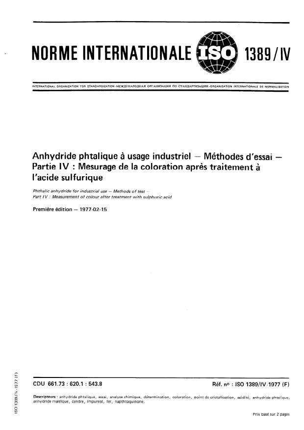 ISO 1389-4:1977 - Anhydride phtalique a usage industriel -- Méthodes d'essai