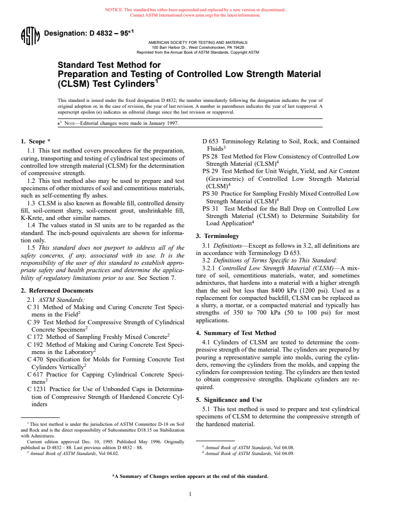 ASTM D4832-95e1 - Standard Test Method for Preparation and Testing of Controlled Low Strength Material (CLSM) Test Cylinders