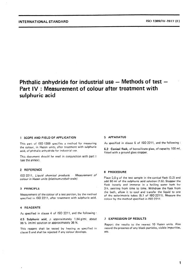 ISO 1389-4:1977 - Phthalic anhydride for industrial use -- Methods of test