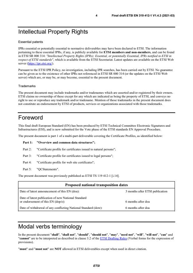 SIST EN 319 412-1 V1.4.4:2021 ETSI EN 319 412-1 V1.4.3 (2021-03) - Electronic Signatures and Infrastructures (ESI); Certificate Profiles; Part 1: Overview and common data structures - Page 4 preview