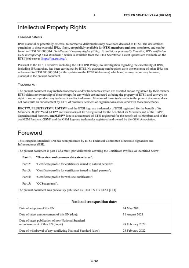 SIST EN 319 412-1 V1.4.4:2021 ETSI EN 319 412-1 V1.4.4 (2021-05) - Electronic Signatures and Infrastructures (ESI); Certificate Profiles; Part 1: Overview and common data structures - Page 4 preview