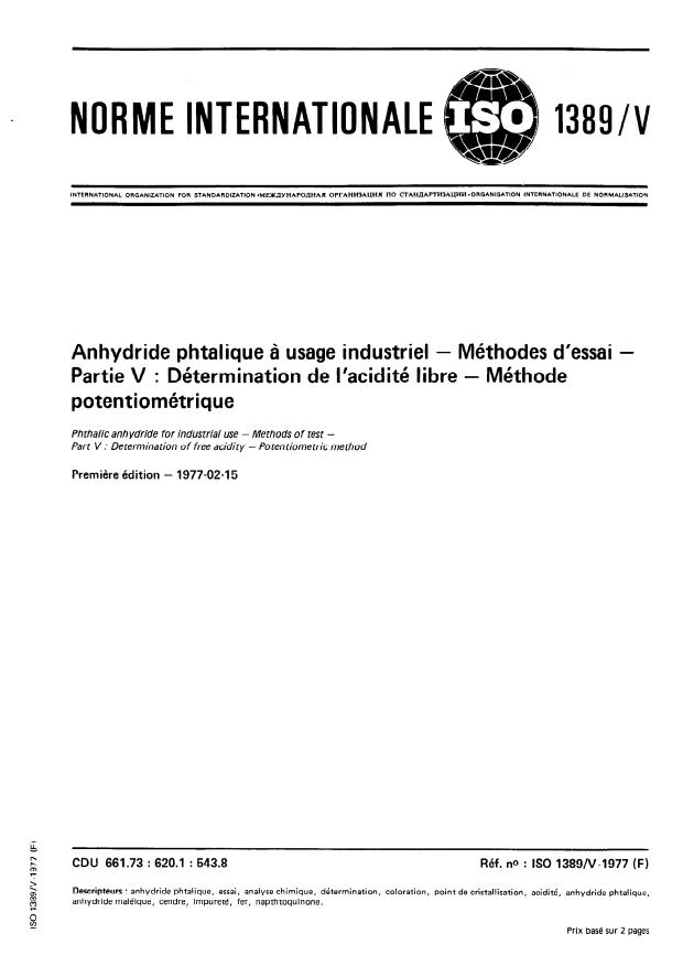 ISO 1389-5:1977 - Anhydride phtalique a usage industriel -- Méthodes d'essai