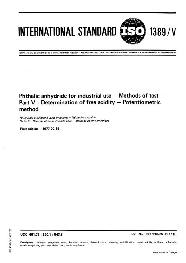 ISO 1389-5:1977 - Phthalic anhydride for industrial use -- Methods of test