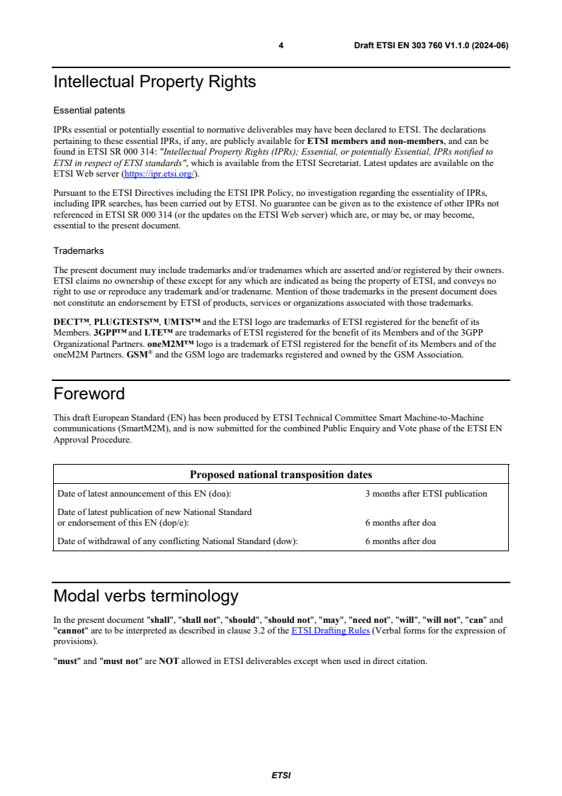SIST EN 303 760 V1.1.1:2024 ETSI EN 303 760 V1.1.0 (2024-06) - SmartM2M; SAREF Guidelines for IoT Semantic Interoperability; Develop, apply and evolve Smart Applications ontologies - Page 4 preview