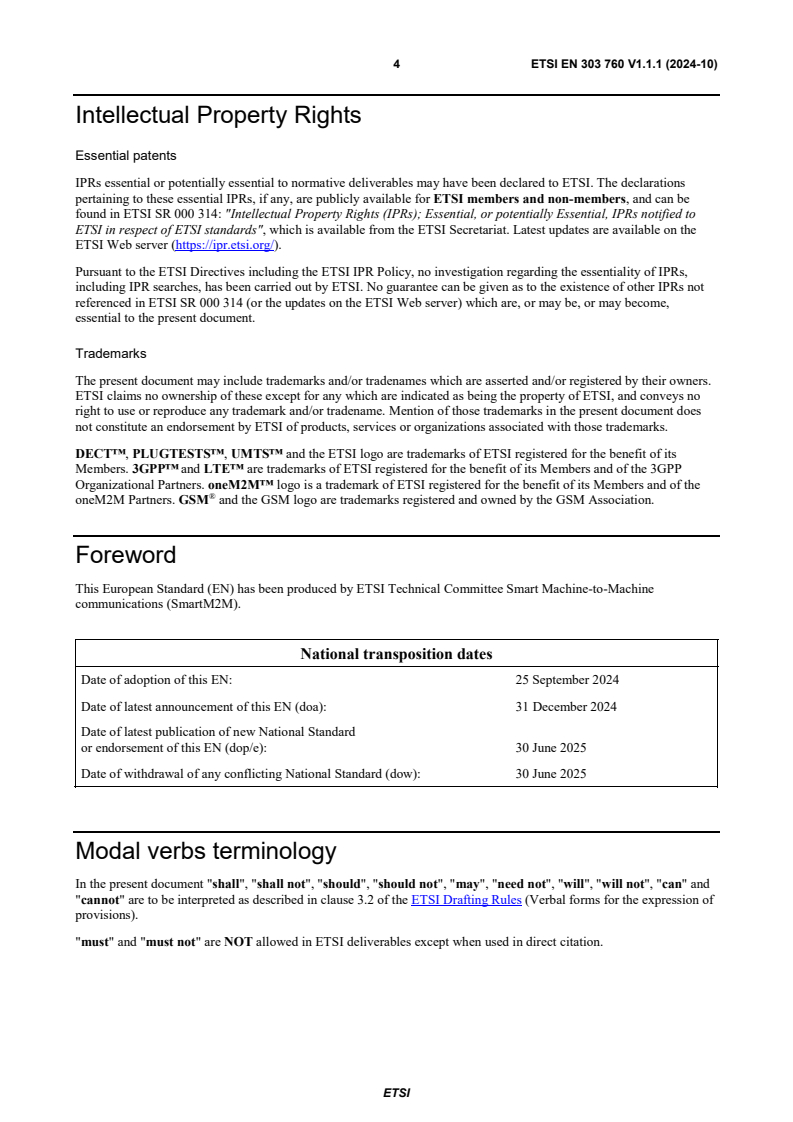 SIST EN 303 760 V1.1.1:2024 ETSI EN 303 760 V1.1.1 (2024-10) - SmartM2M; SAREF Guidelines for IoT Semantic Interoperability; Develop, apply and evolve Smart Applications ontologies - Page 4 preview