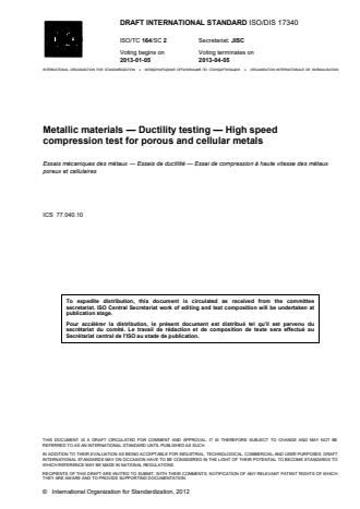 ISO 17340:2014 - Metallic materials -- Ductility testing -- High speed compression test for porous and cellular metals