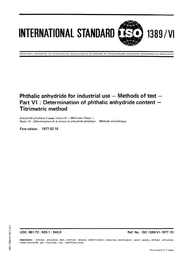 ISO 1389-6:1977 - Phthalic anhydride for industrial use -- Methods of test