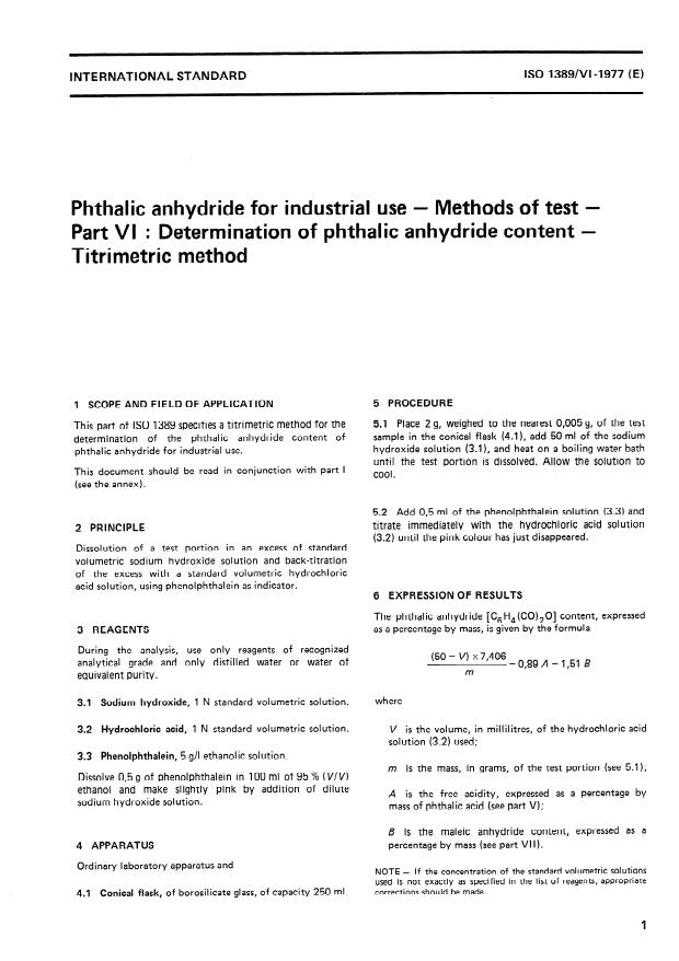 ISO 1389-6:1977 - Phthalic anhydride for industrial use -- Methods of test