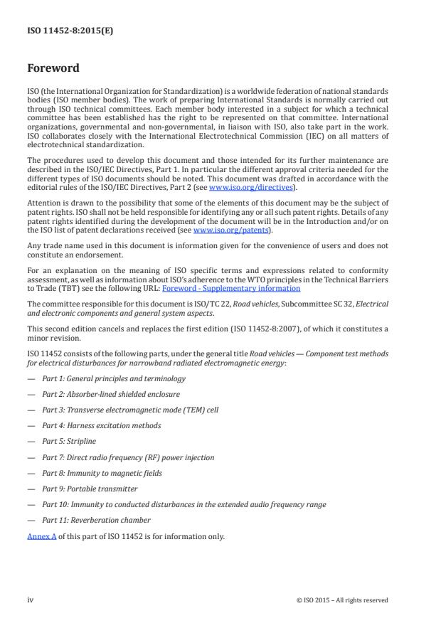 ISO 11452-8:2015 ISO 11452-8:2015 - Road vehicles -- Component test methods for electrical disturbances from narrowband radiated electromagnetic energy - Page 4 preview