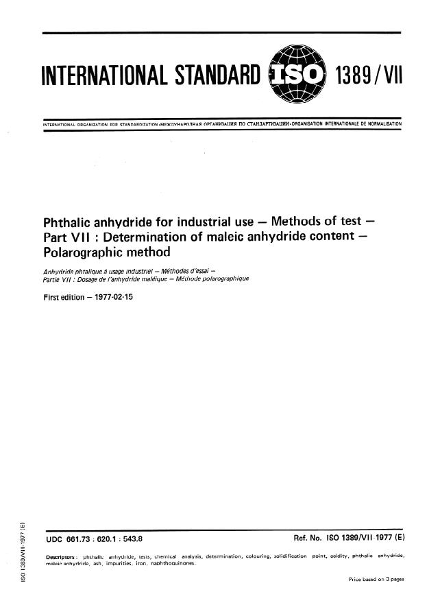 ISO 1389-7:1977 - Phthalic anhydride for industrial use -- Methods of test