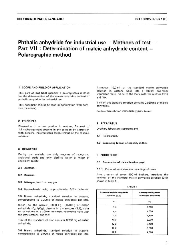 ISO 1389-7:1977 - Phthalic anhydride for industrial use -- Methods of test