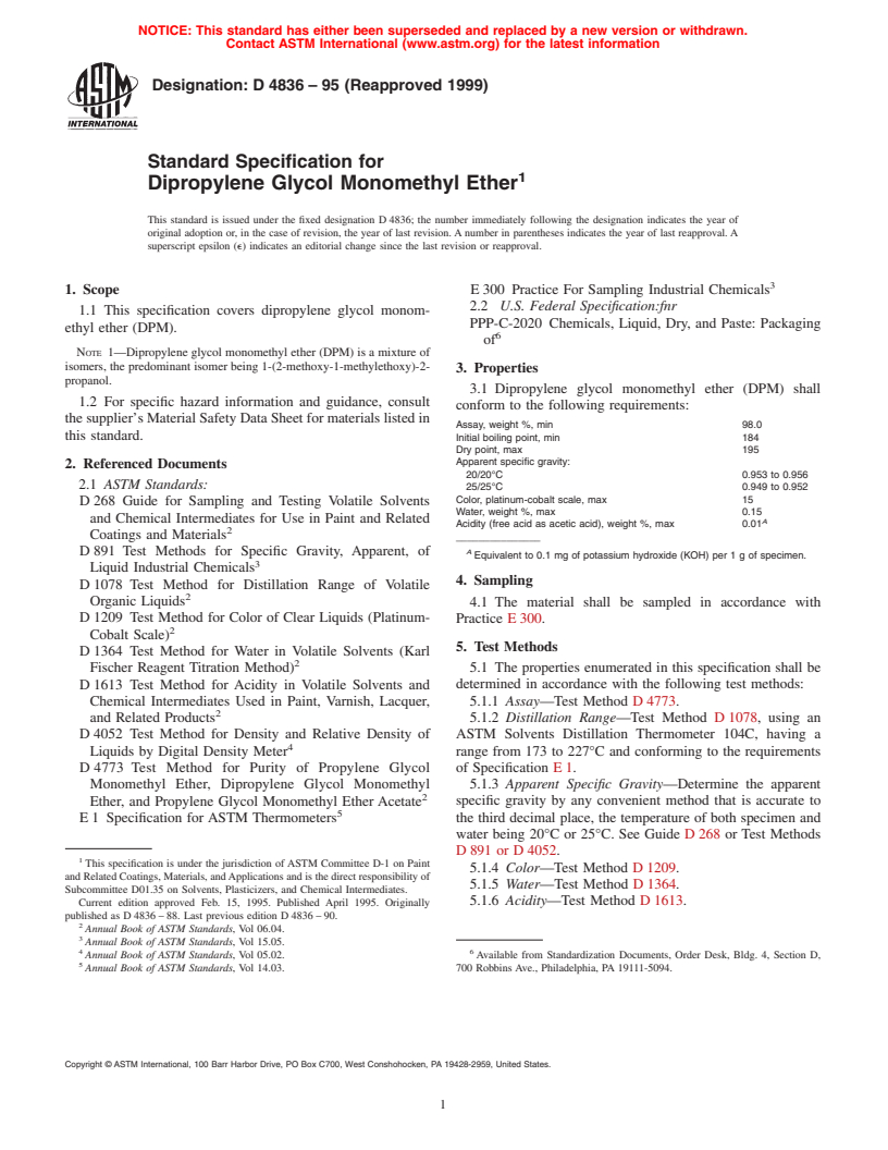 ASTM D4836-95(1999) - Standard Specification for Dipropylene Glycol Monomethyl Ether