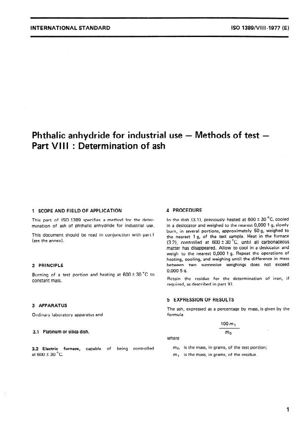 ISO 1389-8:1977 - Phthalic anhydride for industrial use -- Methods of test