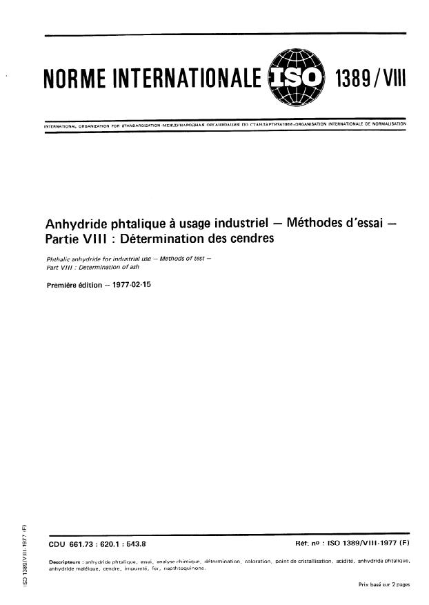 ISO 1389-8:1977 - Anhydride phtalique a usage industriel -- Méthodes d'essai