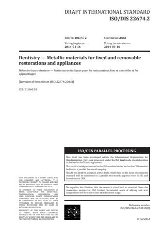 ISO 22674:2016 - Dentistry -- Metallic materials for fixed and removable restorations and appliances