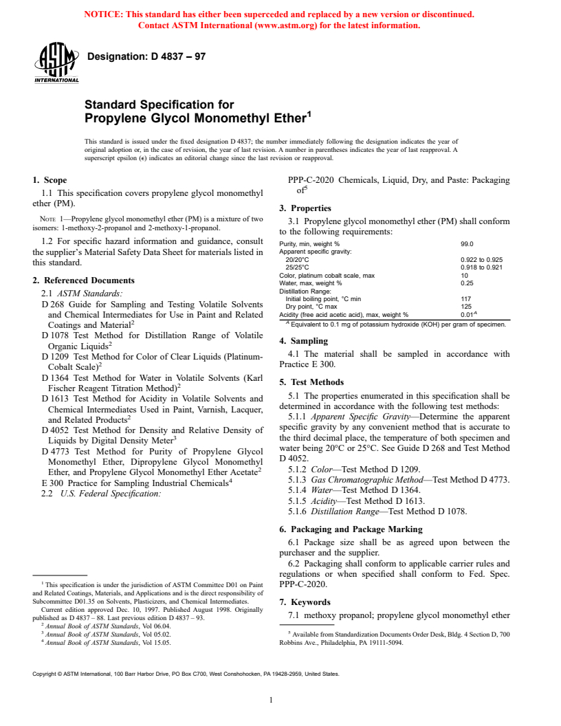 ASTM D4837-97 - Standard Specification for Propylene Glycol Monomethyl Ether