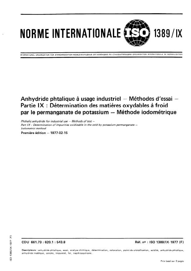 ISO 1389-9:1977 - Anhydride phtalique a usage industriel -- Méthodes d'essai