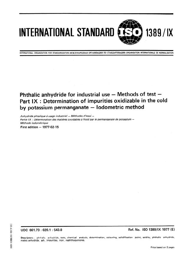 ISO 1389-9:1977 - Phthalic anhydride for industrial use -- Methods of test