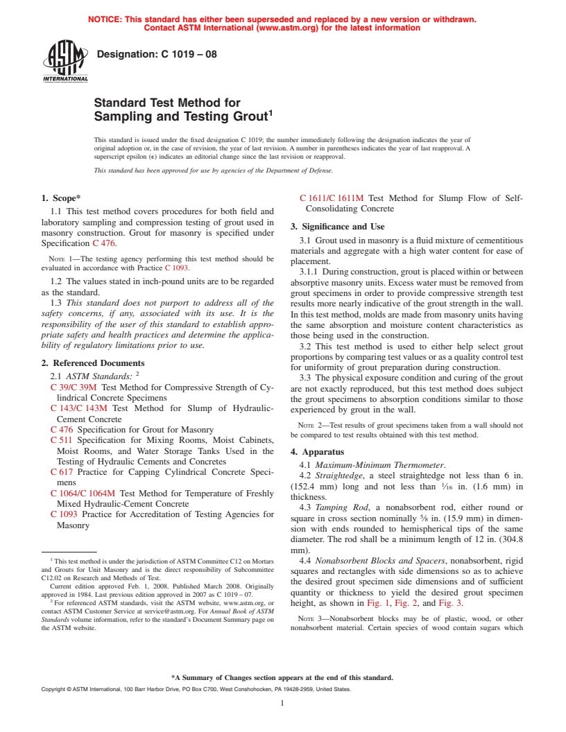 ASTM C1019-08 - Standard Test Method for  Sampling and Testing Grout